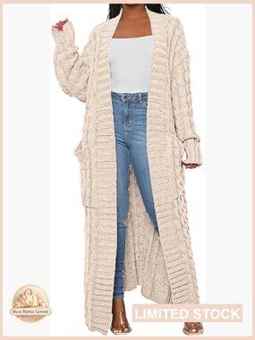 Womens Cable Knit Cardigan Long Maxi Sweater Open Front 2 Pockets Soft